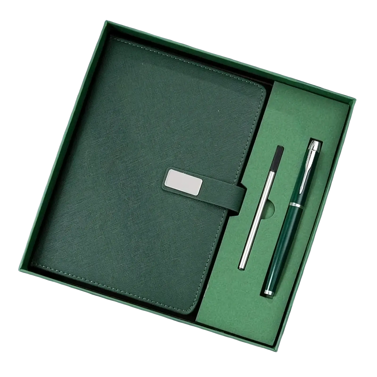 Dark green textured leather notebook with silver clasp and matching pen in elegant gift box for corporate gifting
