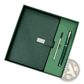 Dark green textured leather notebook with silver clasp and matching pen in elegant gift box for corporate gifting