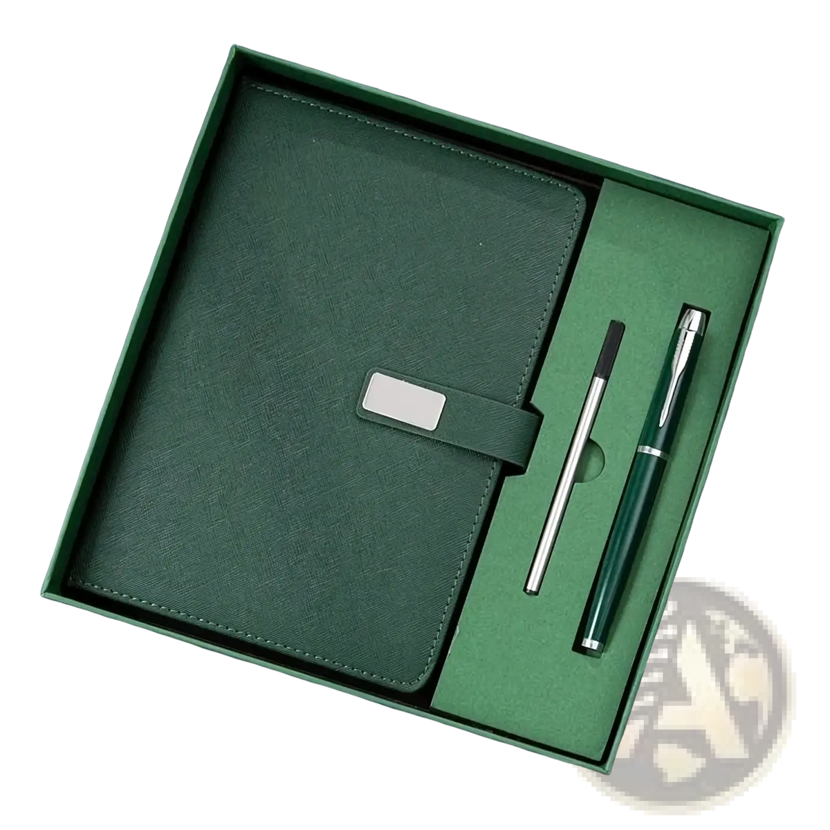 Dark green textured leather notebook with silver clasp and matching pen in elegant gift box for corporate gifting
