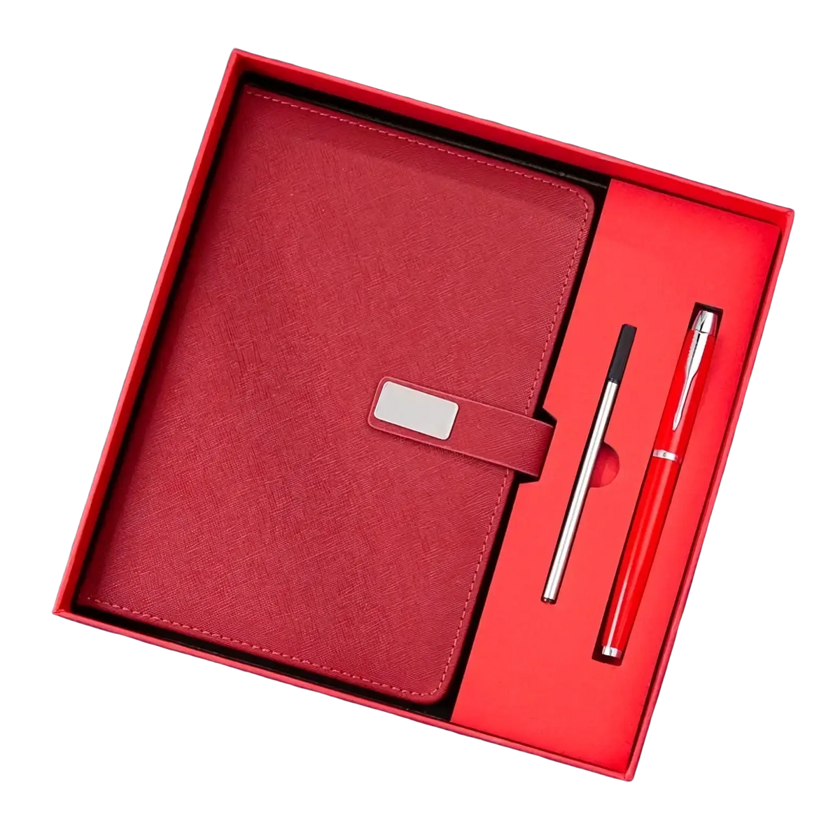 Red leather corporate gift notebook and pen set with textured cover silver clasp and matching red signature pen in box