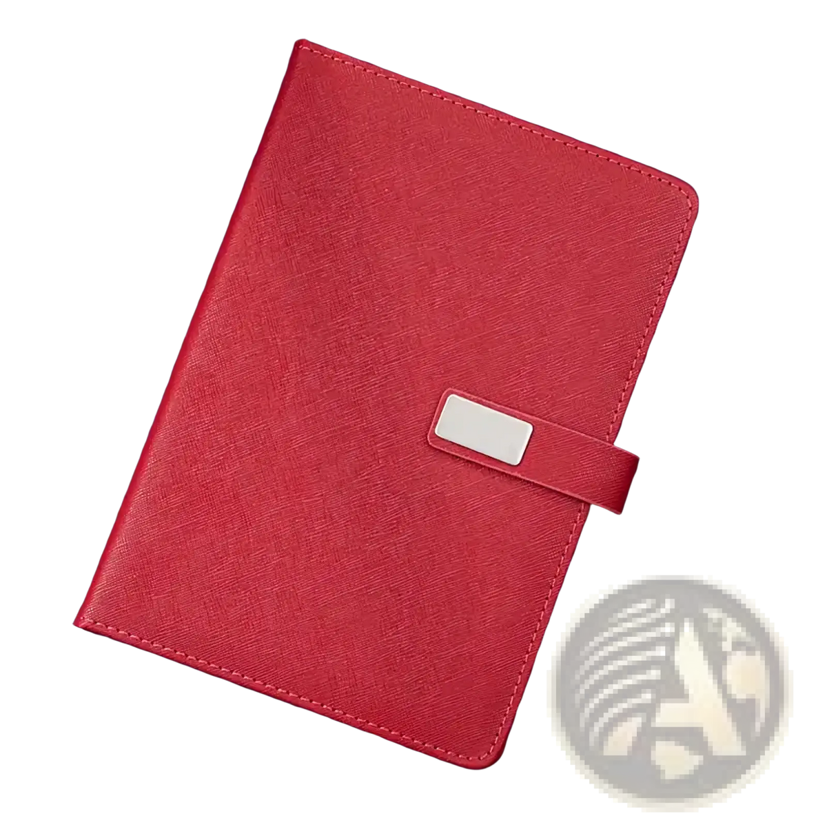 Red leather corporate gift notebook with textured cover and silver rectangular clasp for professional use