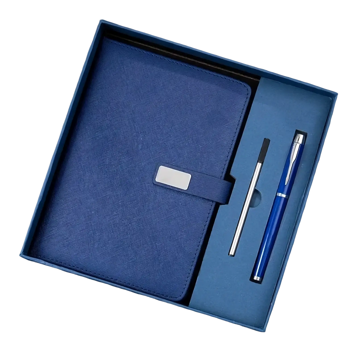 Blue textured notebook with silver clasp in a matching gift box with pen and refills from red leather corporate gift set