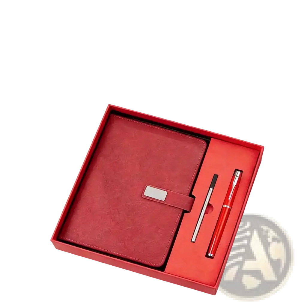 Red leather corporate gift set notebook with silver clasp and two pens in a matching red gift box