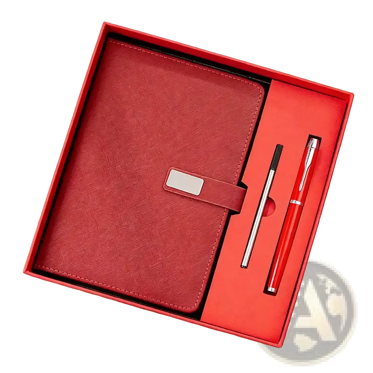 Red leather corporate gift set featuring a leather-bound notebook with silver clasp and matching pen in a gift box