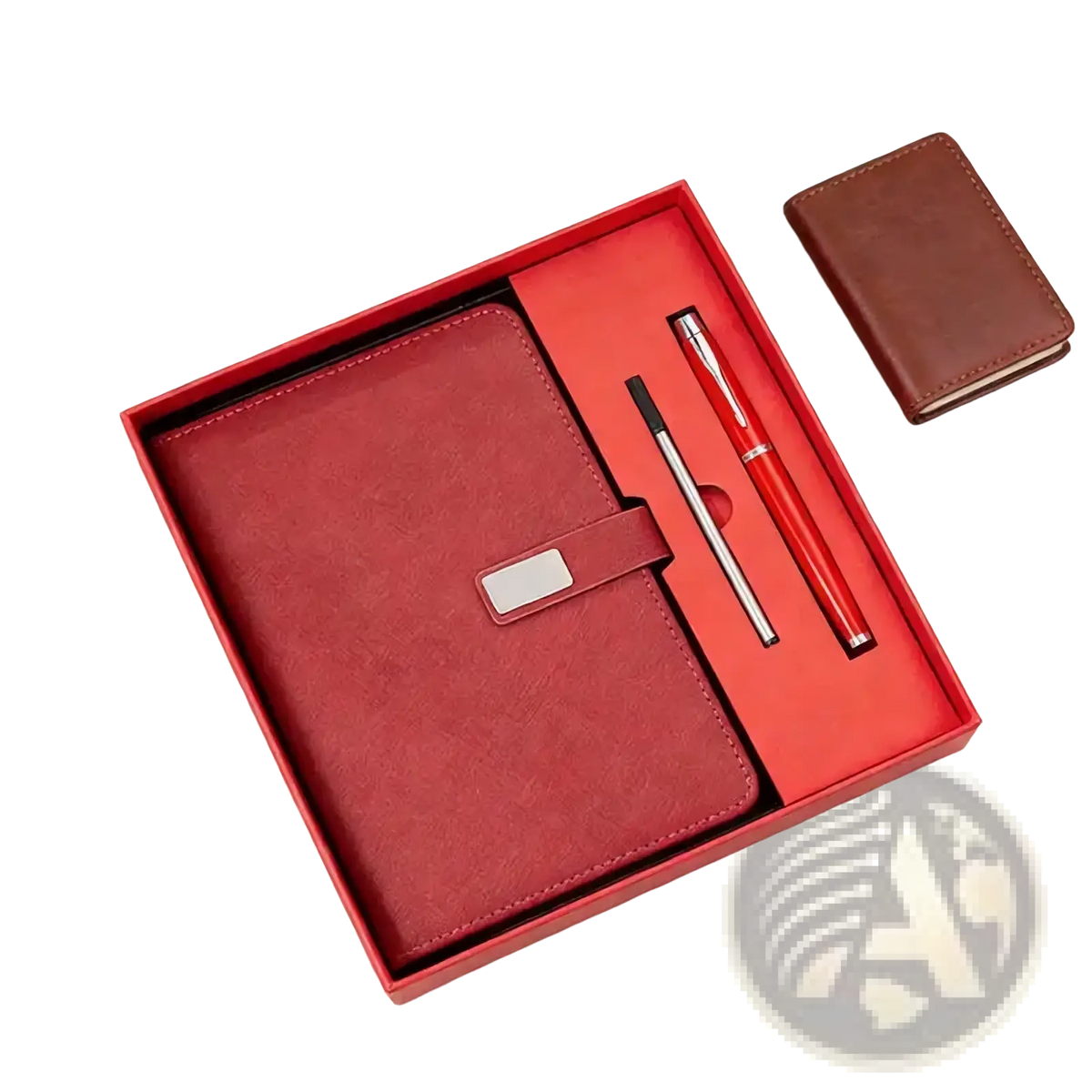 Red leather corporate gift set featuring a leather-bound notebook with silver clasp and matching fountain pen in gift box