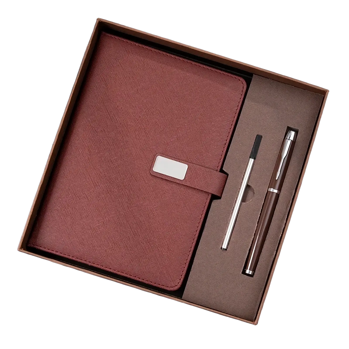 Brown textured leather notebook with silver rectangular clasp from red leather corporate gift set with pens