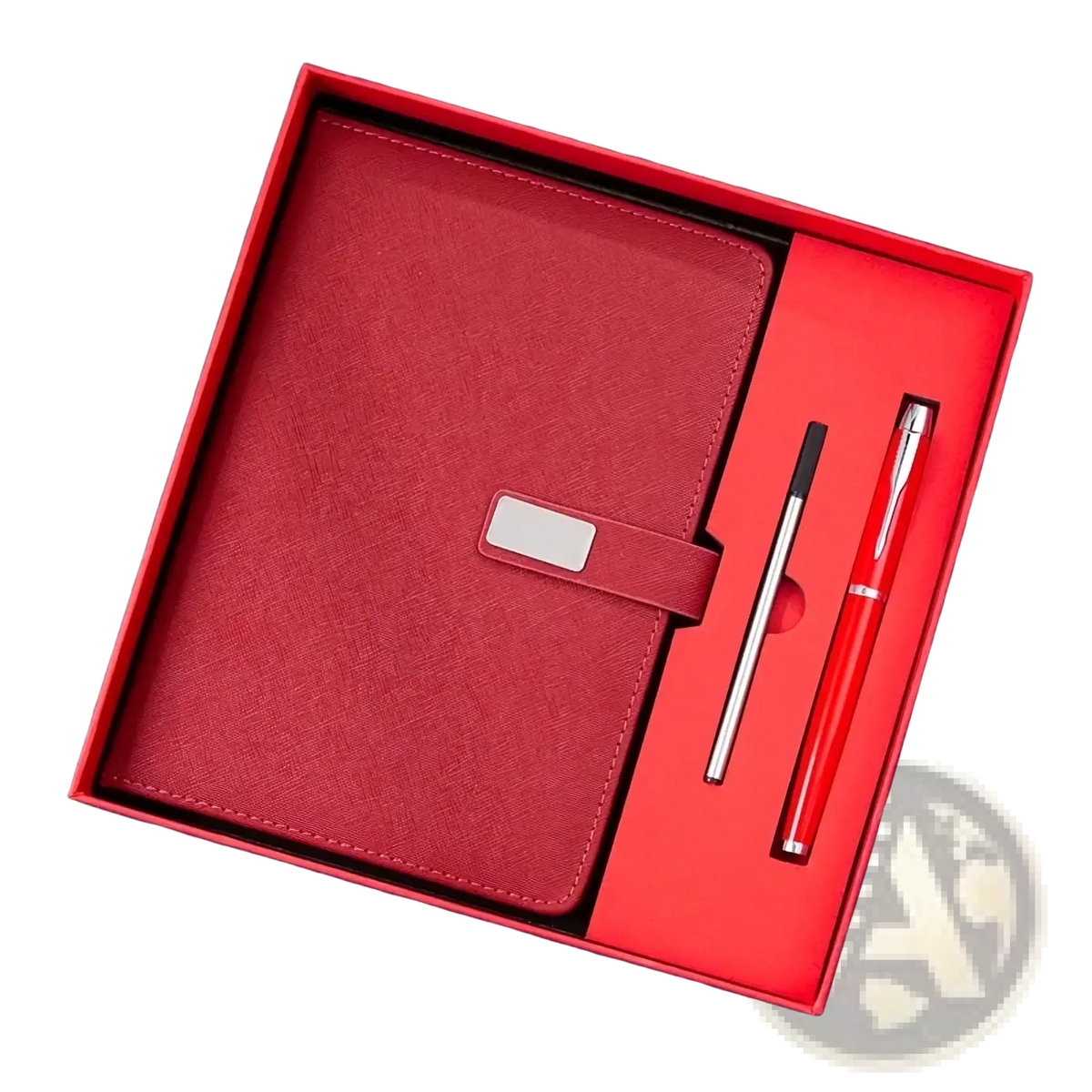 Red leather corporate gift set notebook with silver clasp and matching red textured signature pen in a gift box