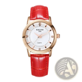 Red leather quartz women watch with a red crocodile-patterned strap rose gold case white dial and diamond hour markers