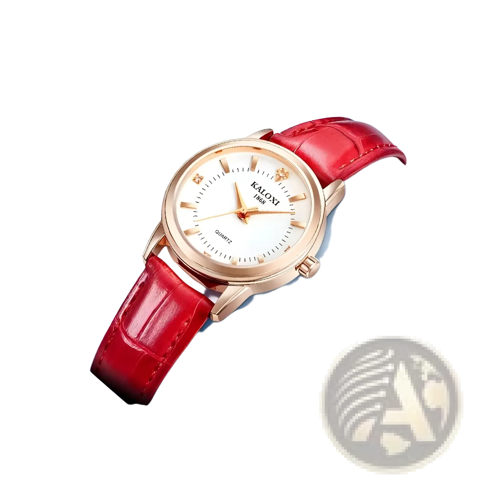 A red leather quartz women watch by kaloxi 1860 with rose gold case white dial and diamond hour markers