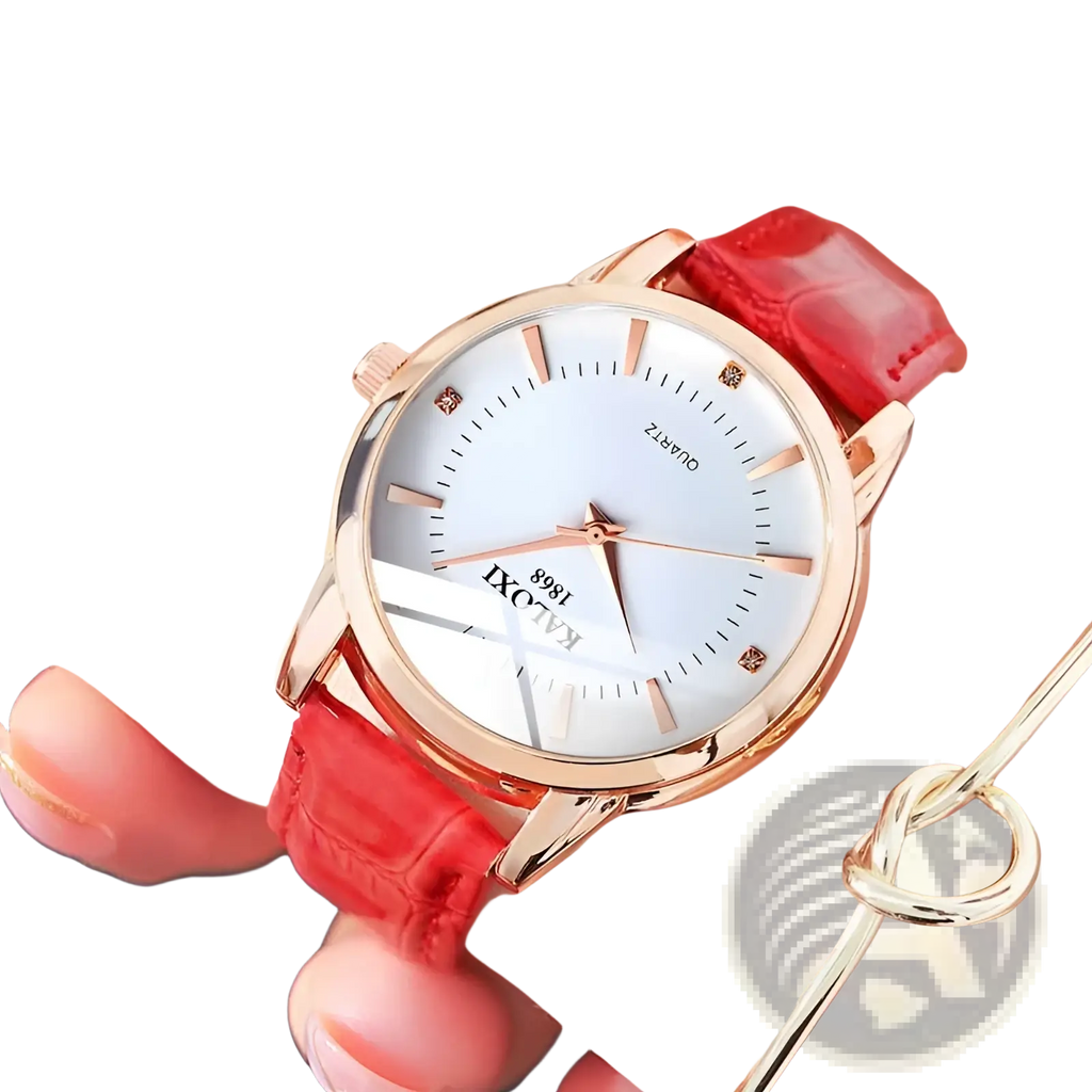 Rose gold-toned red leather quartz women watch with white dial and diamond-like hour markers featuring crocodile pattern strap