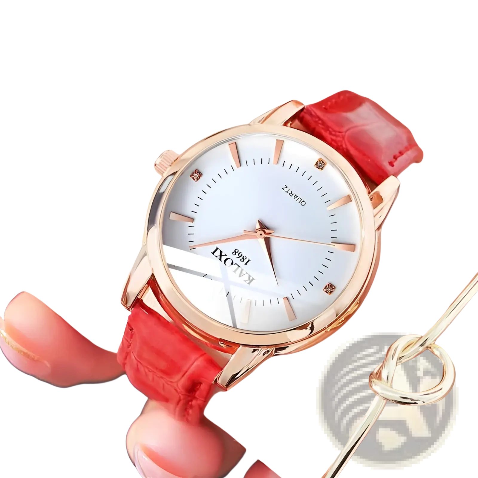 Rose gold-toned red leather quartz women watch with white dial and diamond-like hour markers featuring crocodile pattern strap