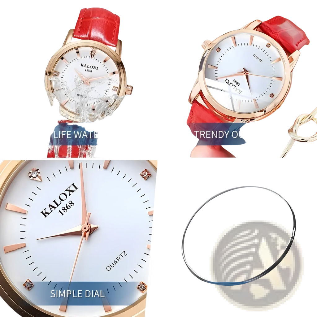 A sleek kaloxi 1868 red leather quartz women watch with rose gold case and white dial with diamond hour markers