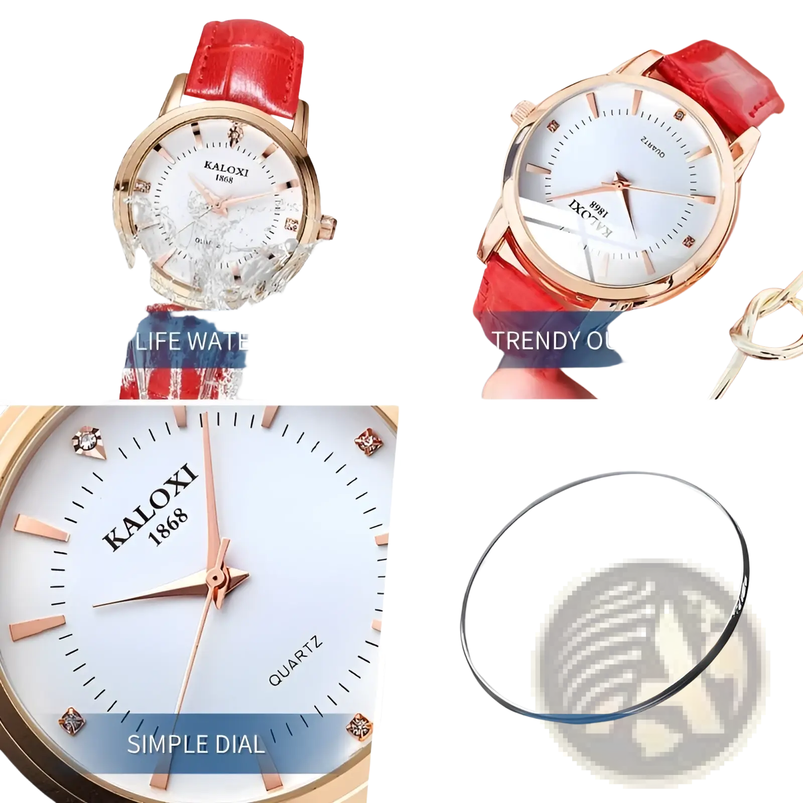A sleek kaloxi 1868 red leather quartz women watch with rose gold case and white dial with diamond hour markers