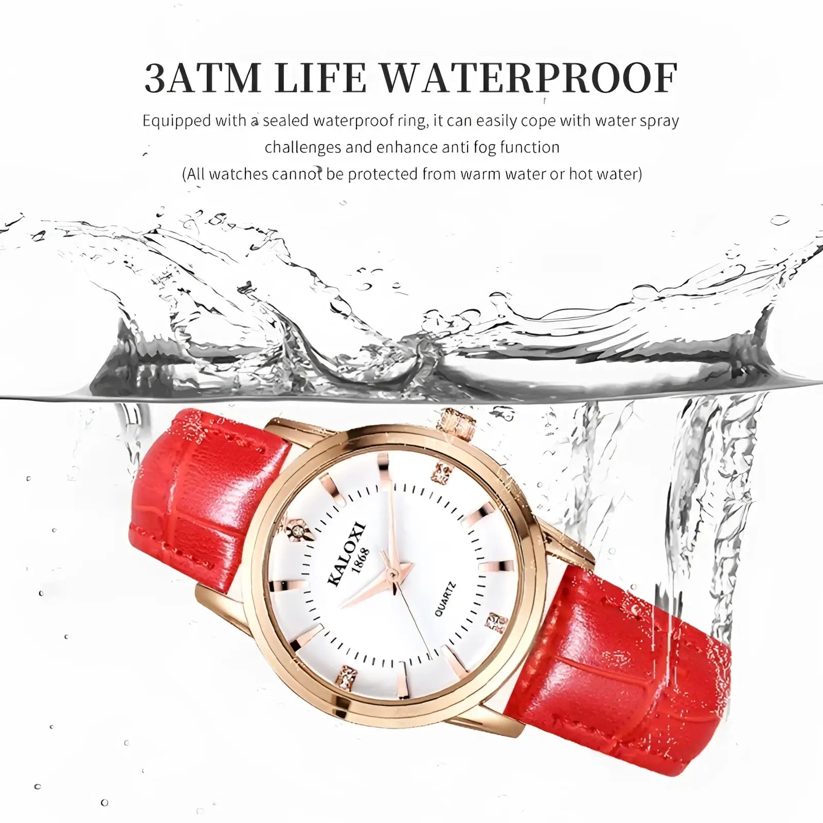 Red leather quartz women watch with gold-tone case white dial and diamond-like hour markers
