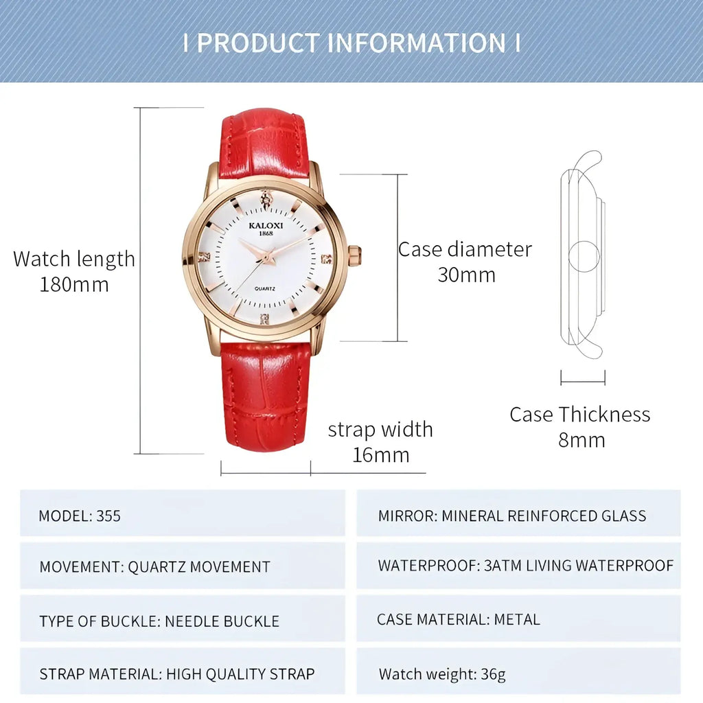 Red leather quartz women watch with gold-tone metal case and white dial featuring a red leather strap