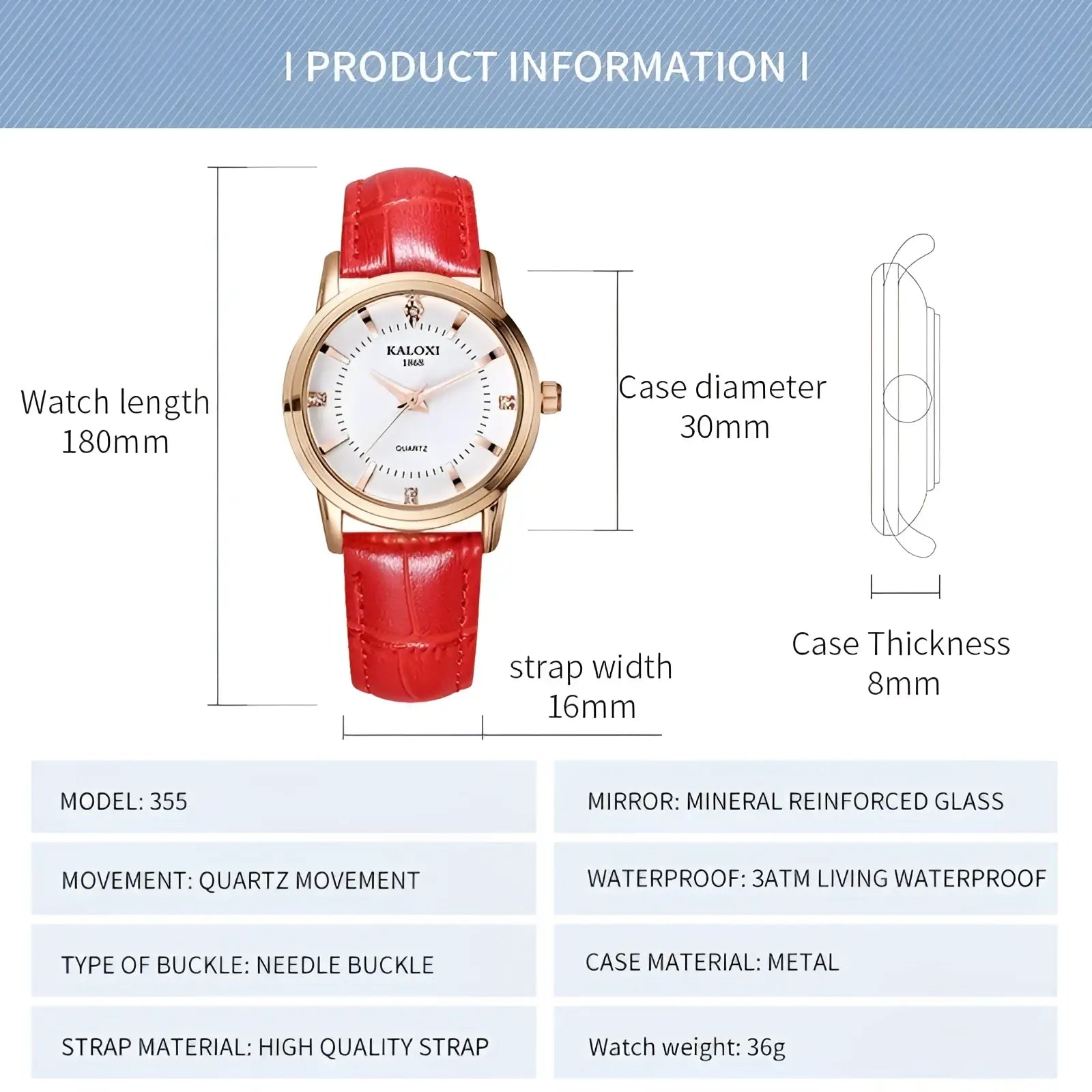 Red leather quartz women watch with gold-tone metal case and white dial featuring a red leather strap