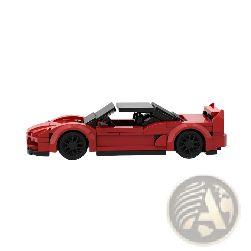 Red Lego Technic sports car building blocks toy featuring a red convertible design with black wheels and roof