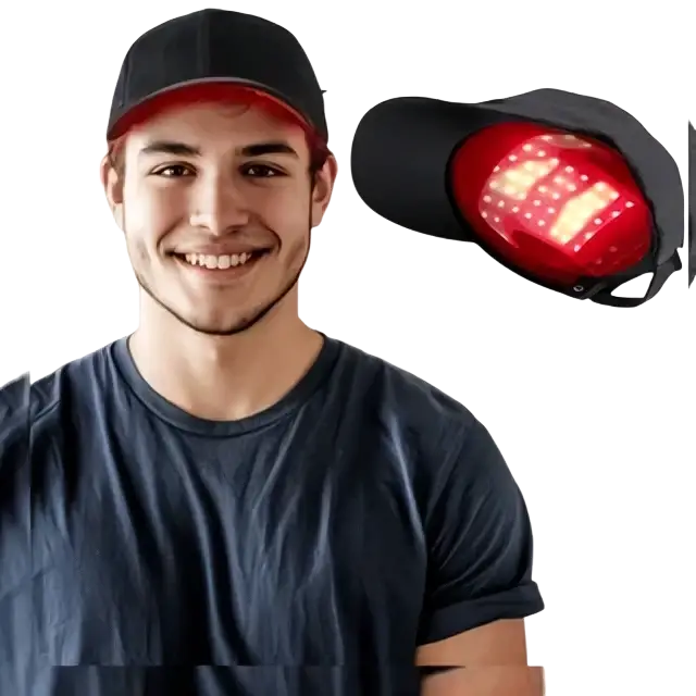 Black baseball cap with red led light panel for red light therapy hair growth and scalp treatment