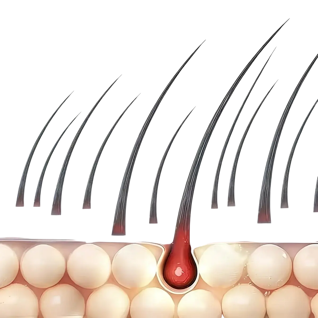 Black hair follicle with a red bulbous root emerging from skin illustrating red light therapy hair growth cap benefits