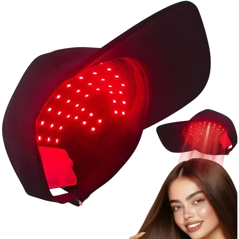 Black led red light therapy hair growth cap showing the back side with visible red light therapy panels