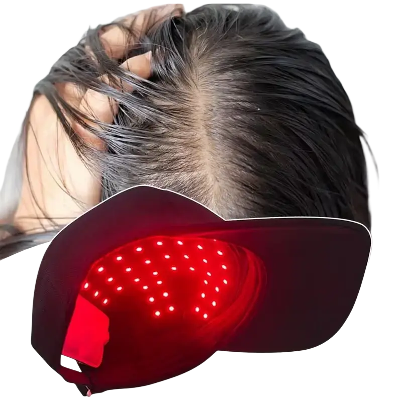 Red and blue light therapy hair growth cap with sleek contoured design and illuminated LEDs for scalp treatment