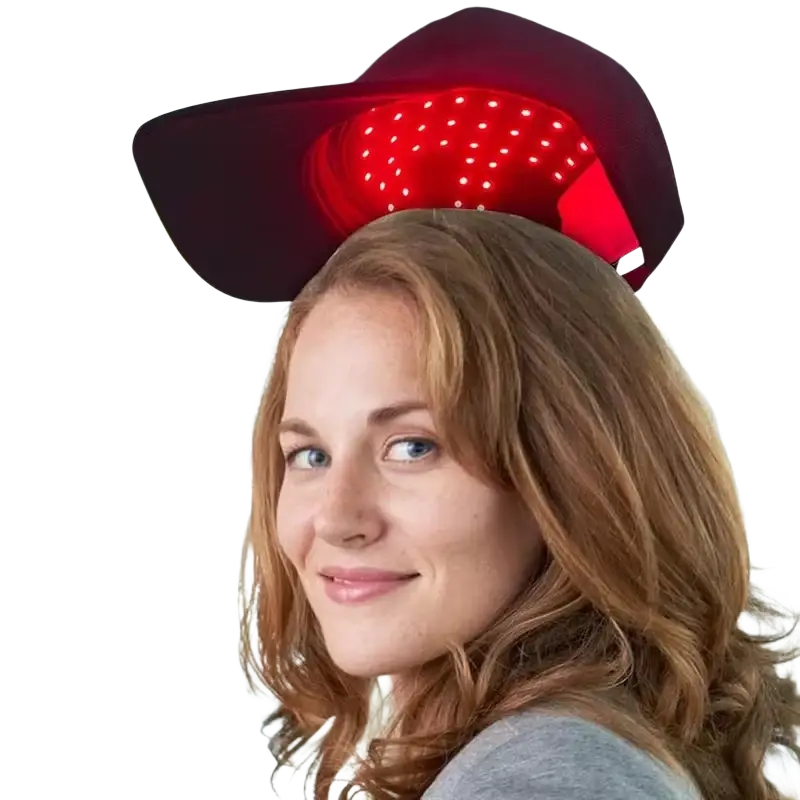 Red light therapy hair growth cap with dark fabric crown and illuminated red led dots on the inner surface