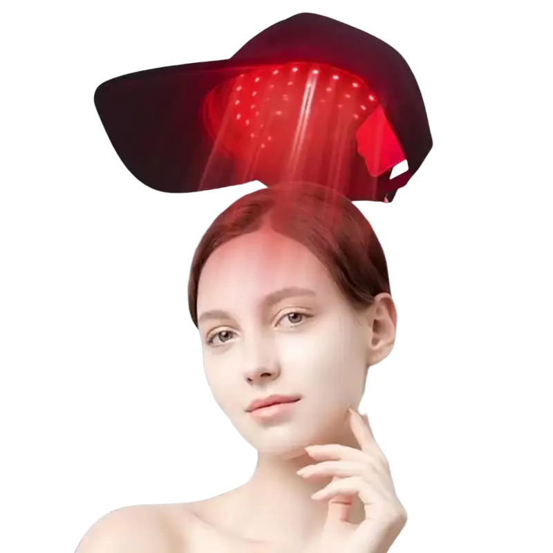 Red light therapy hair growth cap with black exterior and glowing red led lights for scalp treatment