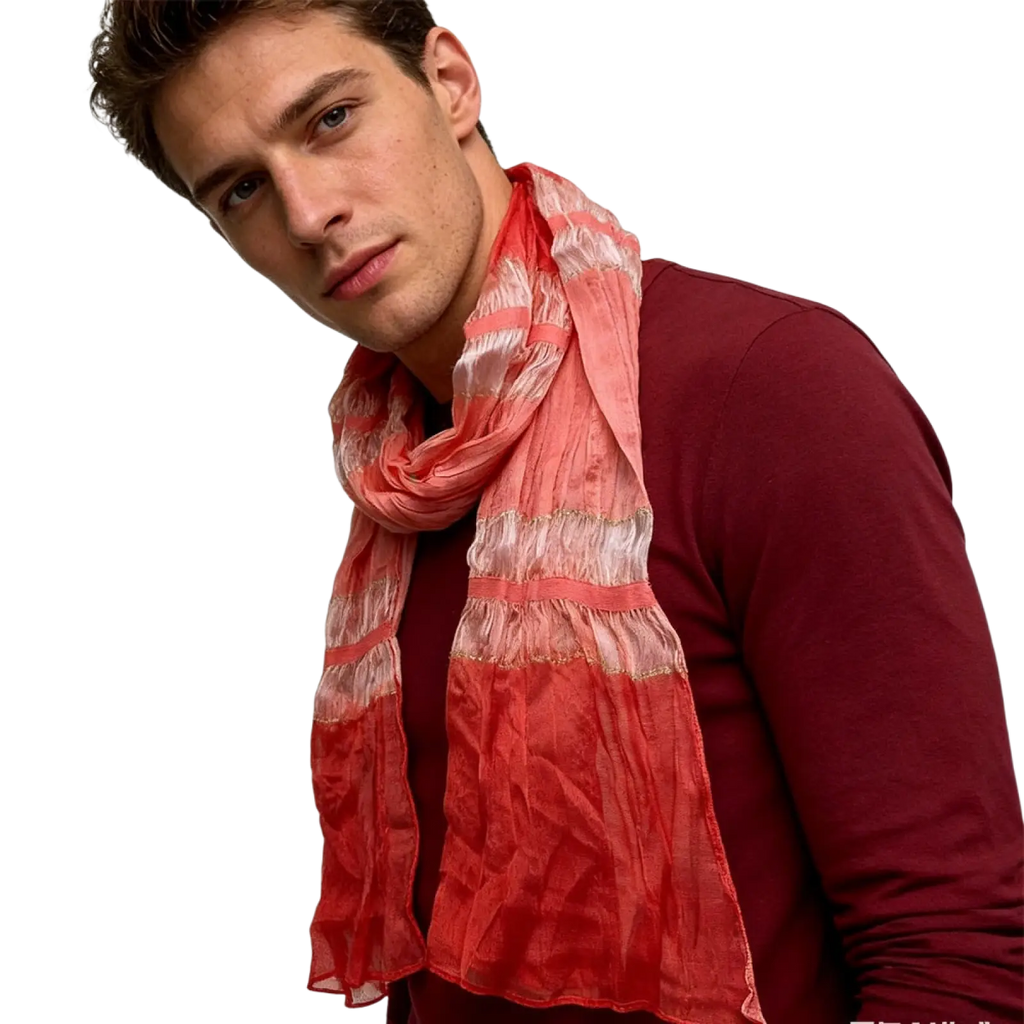 Red metallic skinny long scarf in flowing coral and white stripes with a subtle sheen draped elegantly around the neck