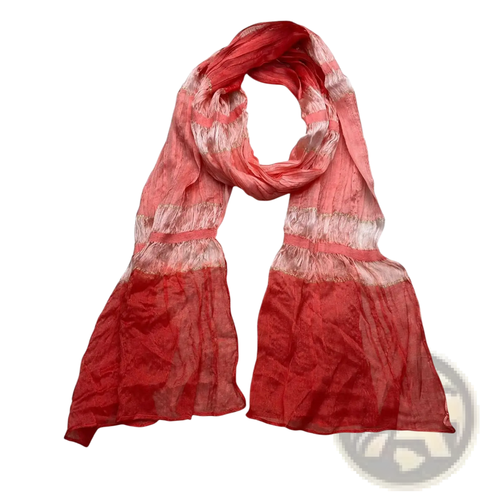 Red metallic skinny long scarf with a flowing gradient coral and pink blend and subtle horizontal stripes