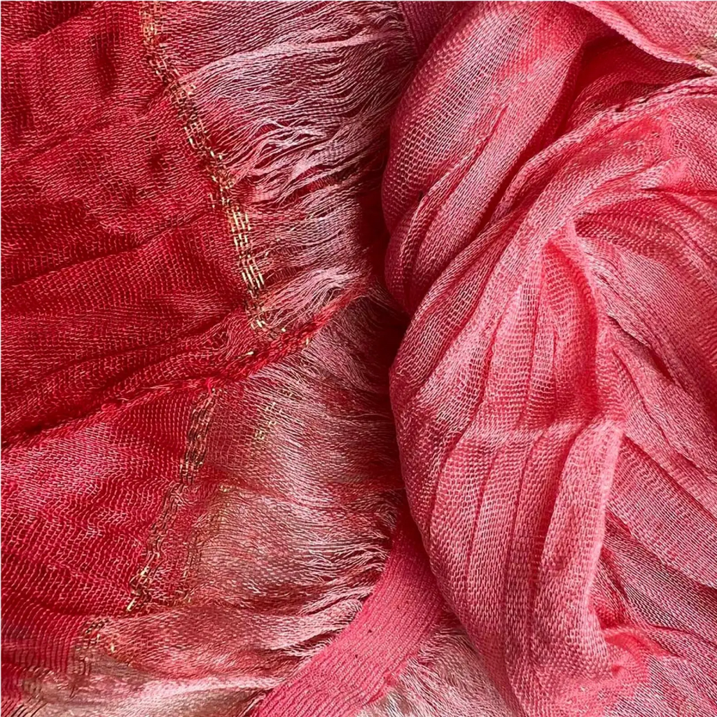Red metallic skinny long scarf in soft textured pink fabric with subtle gradient and delicate gold thread edge detailing