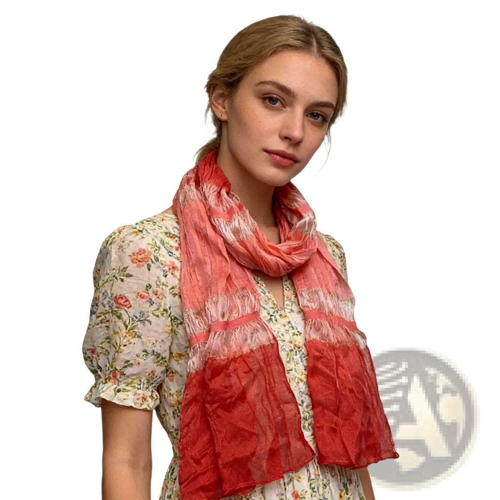 A red metallic skinny long scarf with a soft coral and pink gradient ruffled layered design worn around the neck