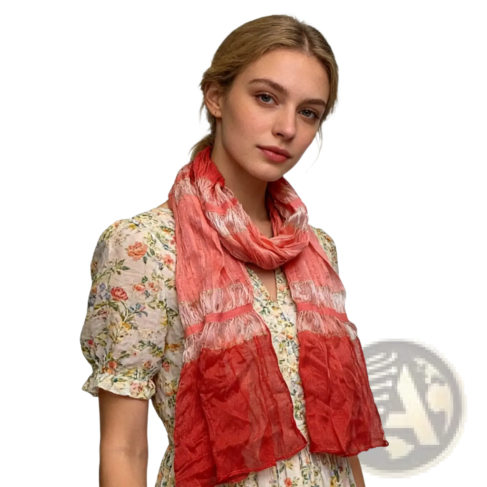 A red metallic skinny long scarf with a soft coral and pink gradient ruffled layered design worn around the neck