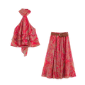 Red paisley halter top and midi skirt set with brown belt featuring a matching printed fabric design