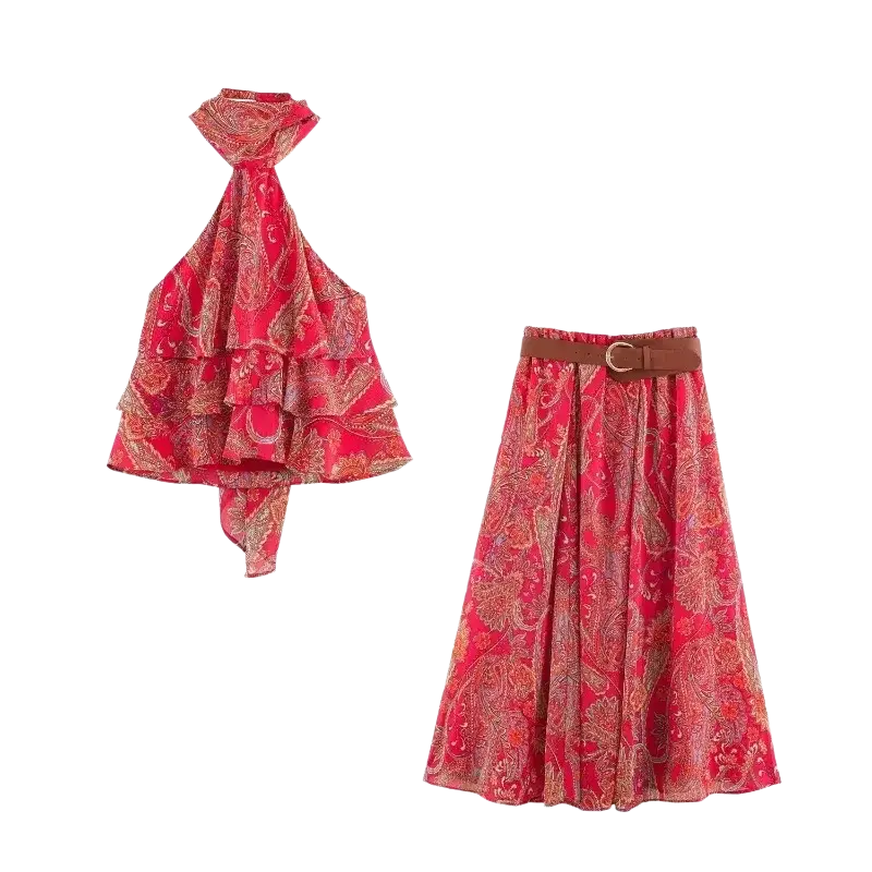 Red paisley halter top and midi skirt set with brown belt featuring a matching printed fabric design