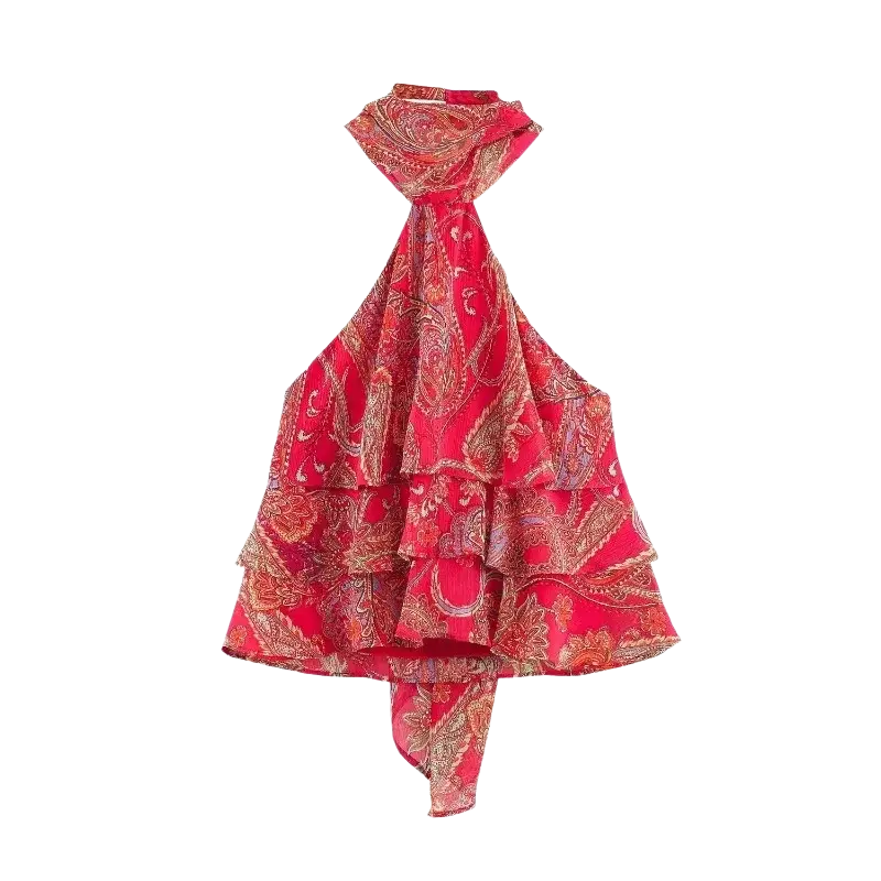 Red paisley halter top and midi skirt set in vibrant red with layered ruffles and intricate gold and burgundy paisley pattern