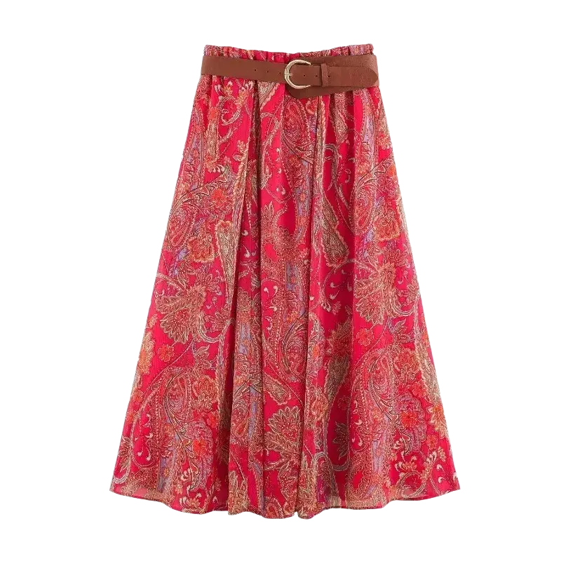A vibrant red paisley-patterned midi skirt with a brown leather belt from the red paisley halter top and midi skirt set