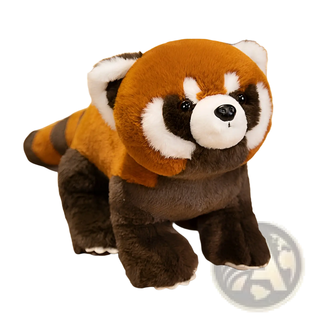 A plush red panda coati soft stuffed toy with orange brown fur white facial markings and a striped tail