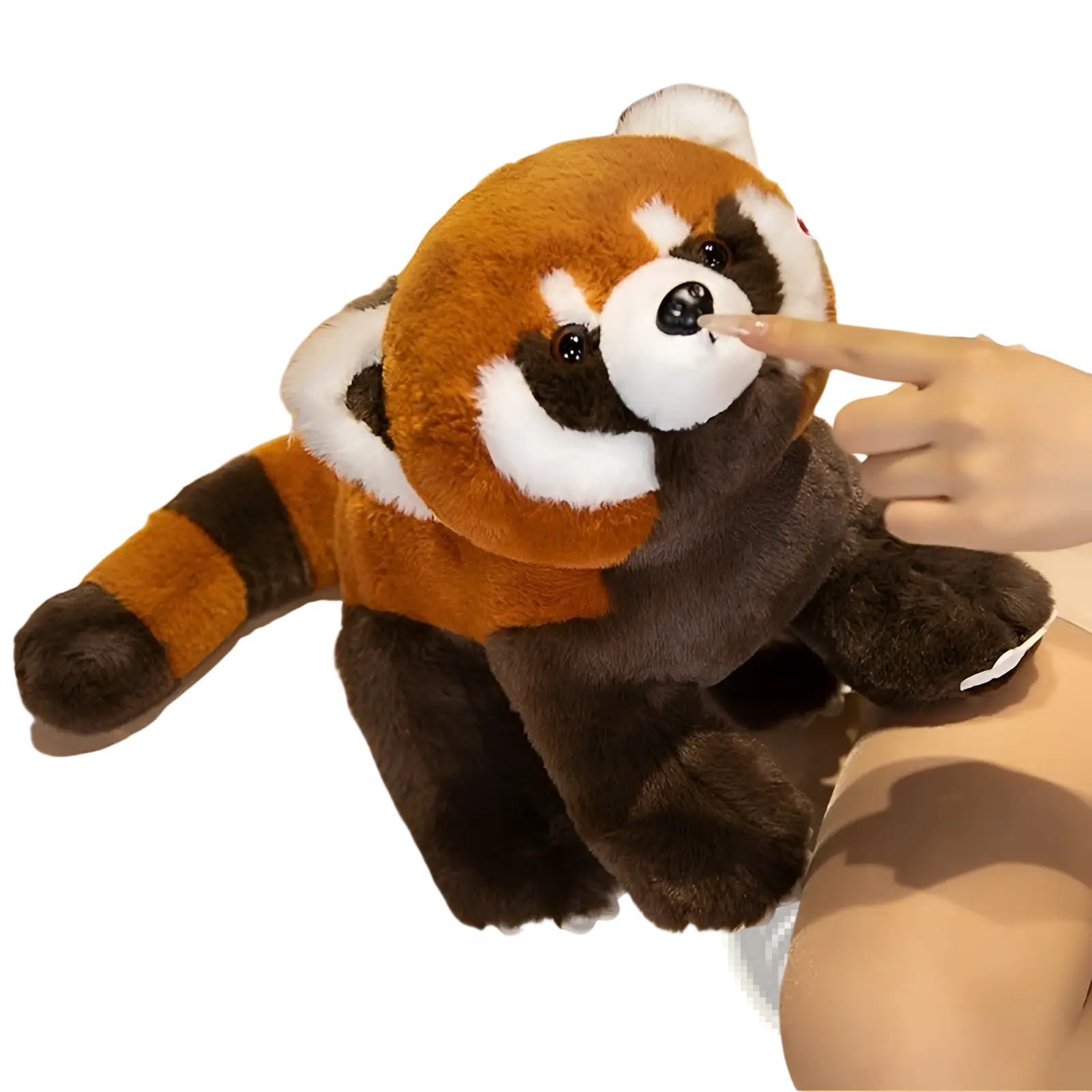 A plush red panda coati toy with soft orange and dark brown fur and white facial markings sitting on a surface