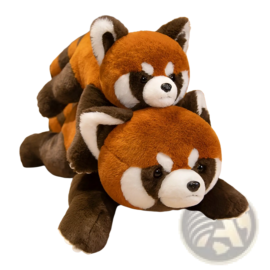 Two plush red panda coati soft stuffed dolls with orange and brown fur and white facial markings stacked together