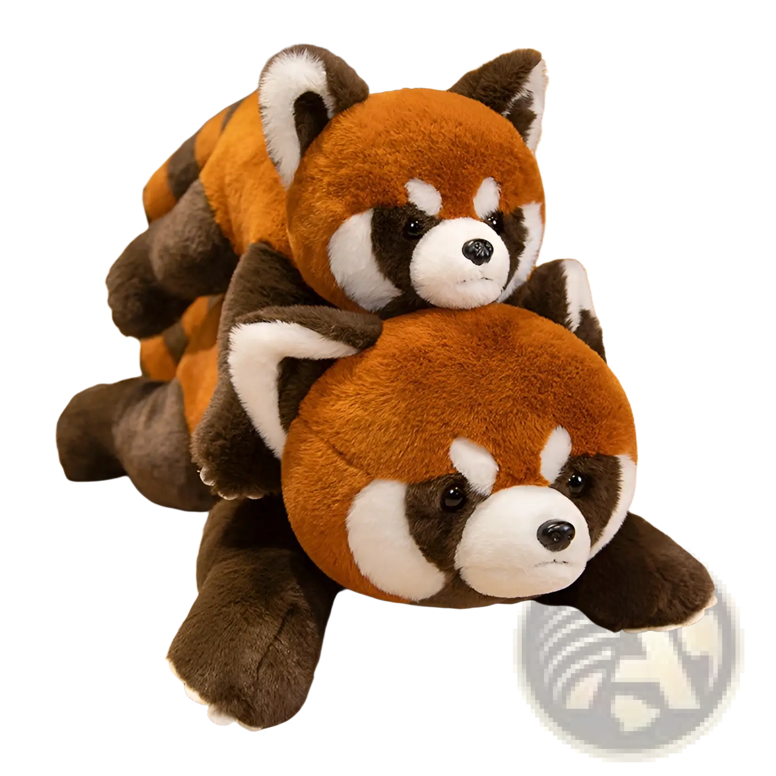 Two soft stuffed red panda coati plush toys with orange brown fur and white facial markings stacked together