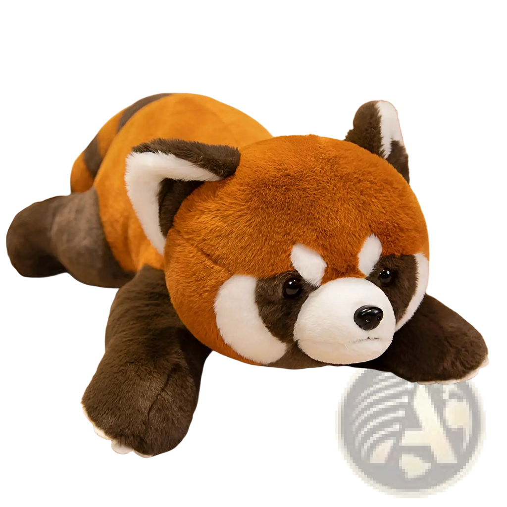 A soft stuffed red panda coati plush toy with orange white and brown fur lying on a surface