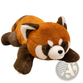 A soft stuffed red panda coati plush toy with orange white and brown fur lying on a surface