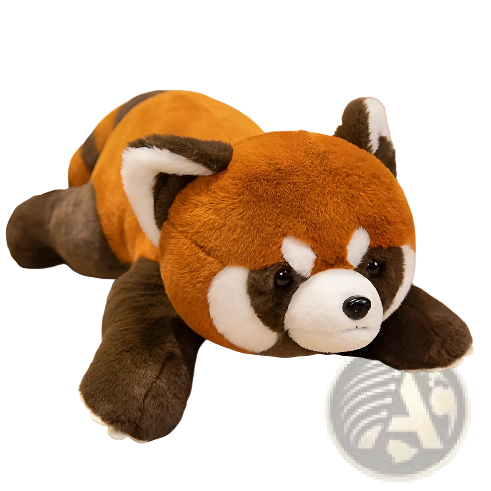 A soft stuffed red panda coati plush toy with orange white and brown fur lying on a surface