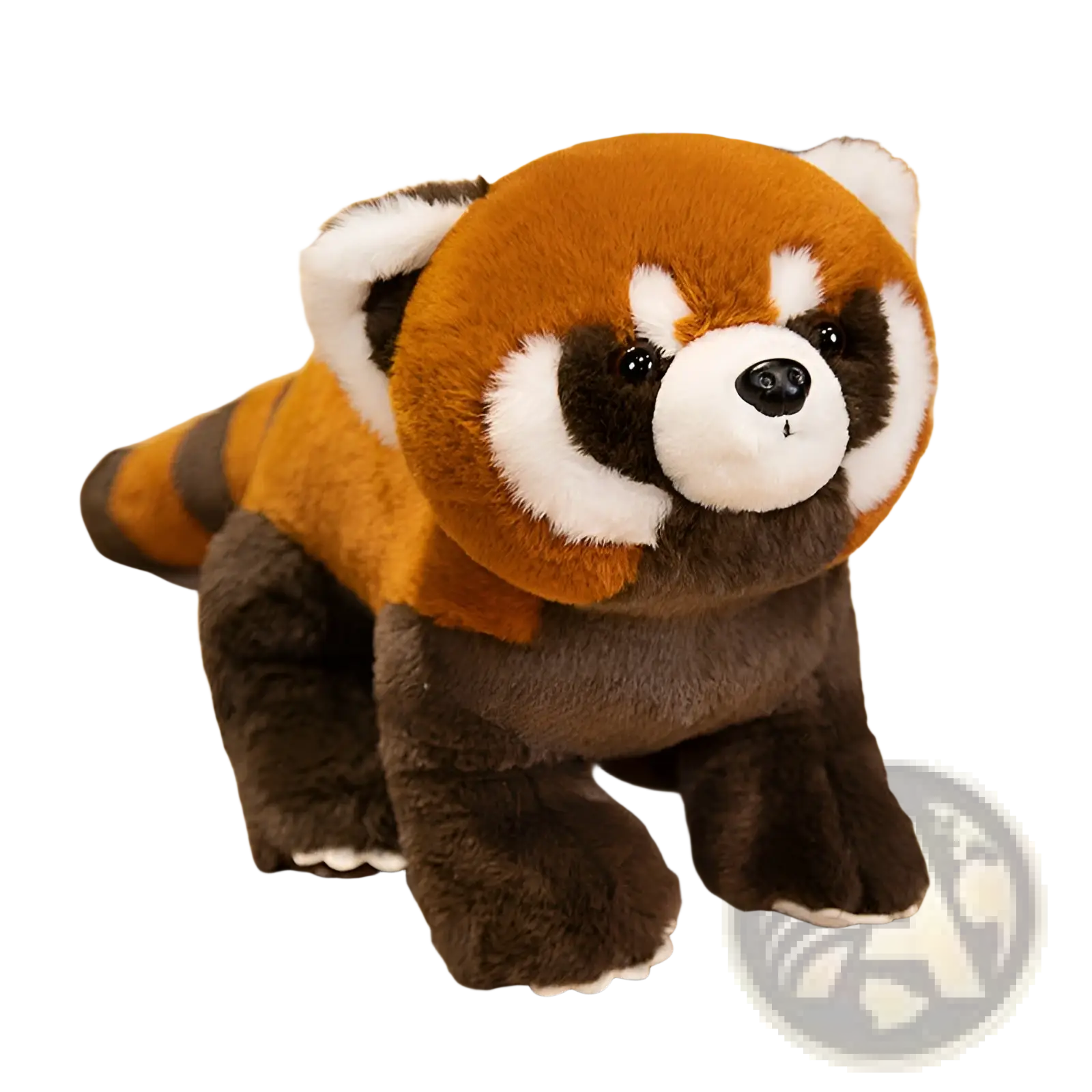A plush red panda coati soft stuffed toy with orange brown fur white facial markings and a striped tail
