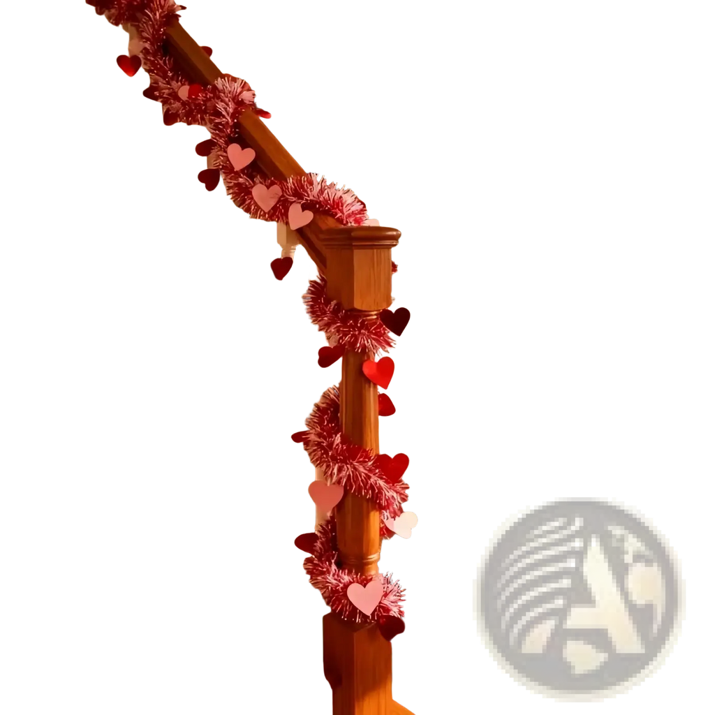 Red pink metallic heart tinsel garland with heart-shaped ornaments for Valentine decor