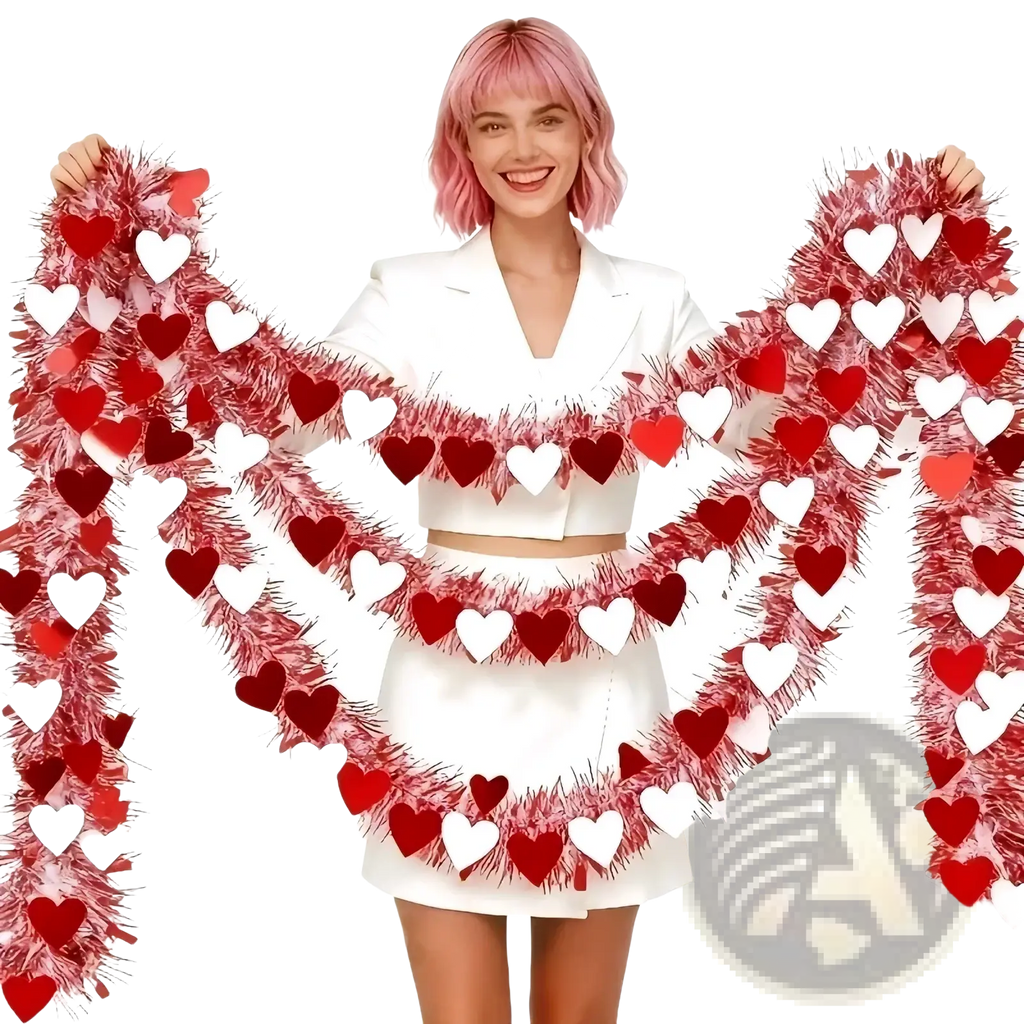 Red pink metallic heart tinsel garland featuring festive red and white heart designs with a shiny fringed texture for Valentine decor