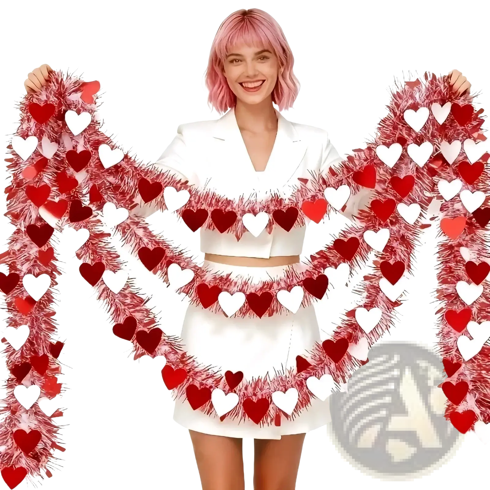 Red pink metallic heart tinsel garland featuring festive red and white heart designs with a shiny fringed texture for Valentine decor