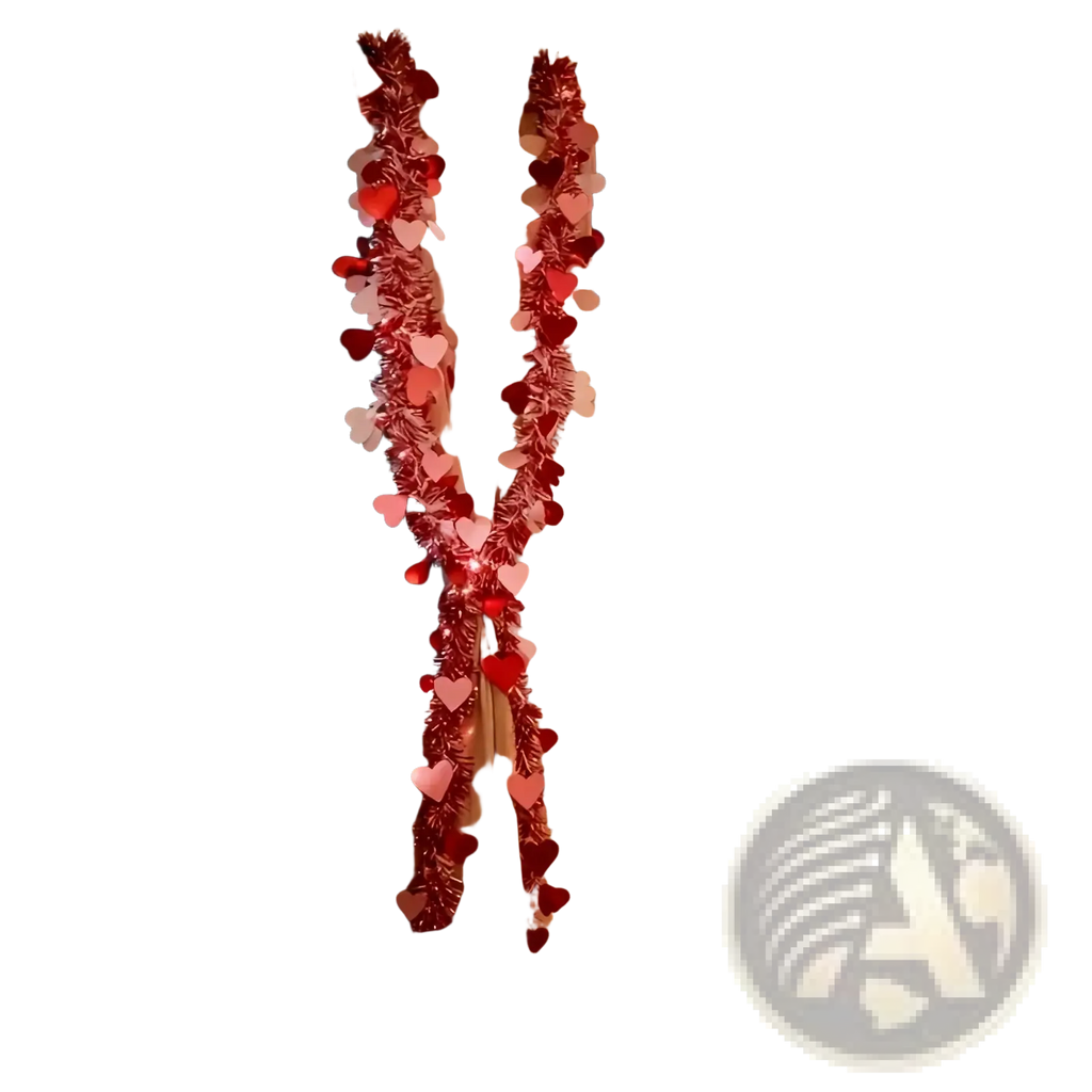 A red and pink metallic heart tinsel garland with festive heart decorations draped on window curtains for Valentine decor
