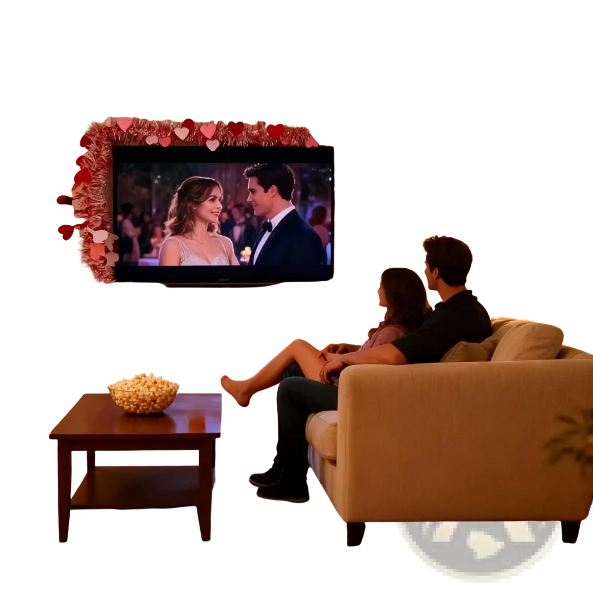 A flat-screen television framed by red pink metallic heart tinsel garland for valentine decor displaying a romantic scene