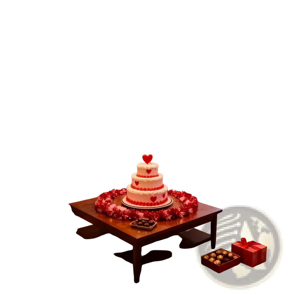 A three-tiered white wedding cake decorated with red heart accents surrounded by red pink metallic heart tinsel garland